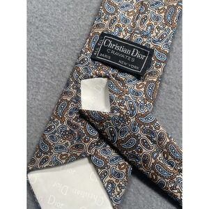 Vintage Christian Dior Cravates Mens Silk Paisley Necktie Beige Blue EUC